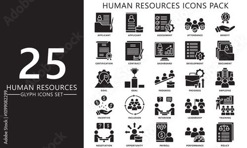 HR-human resources glyph icons set. contain goal, applicant, training, motivation, employee, award, salary and more. Vector EPS 10 for print, digital UI, UX kit, web and app for office management.
