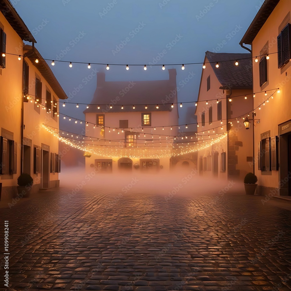 Obraz premium A village square illuminated by string lights, with fog adding a dreamy effect