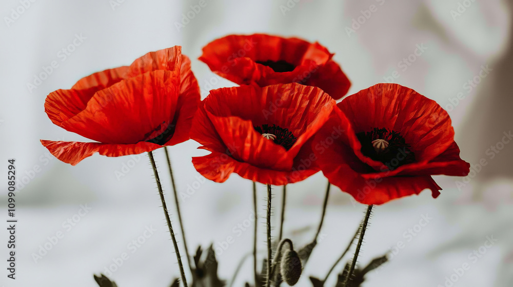 Obraz premium Vibrant red poppies with delicate petals and slender stems create striking visual. blurred background enhances their beauty, making them perfect focal point for floral arrangements