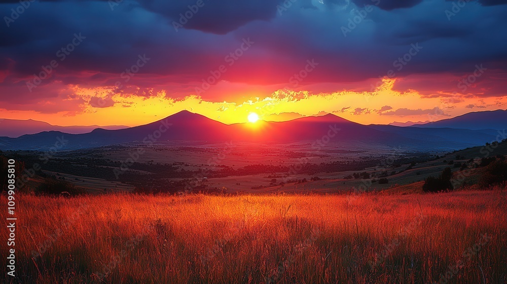 Obraz premium A vibrant sunset over rolling hills, casting warm hues across a serene landscape.