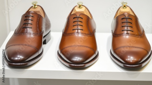 Three pairs of brown leather oxfords on display. photo