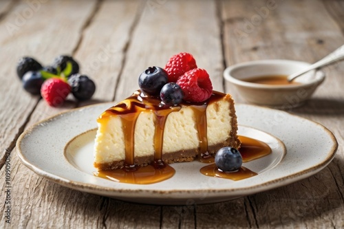 A slice of creamy cheesecake drizzled with caramel and topped with fresh berries photo