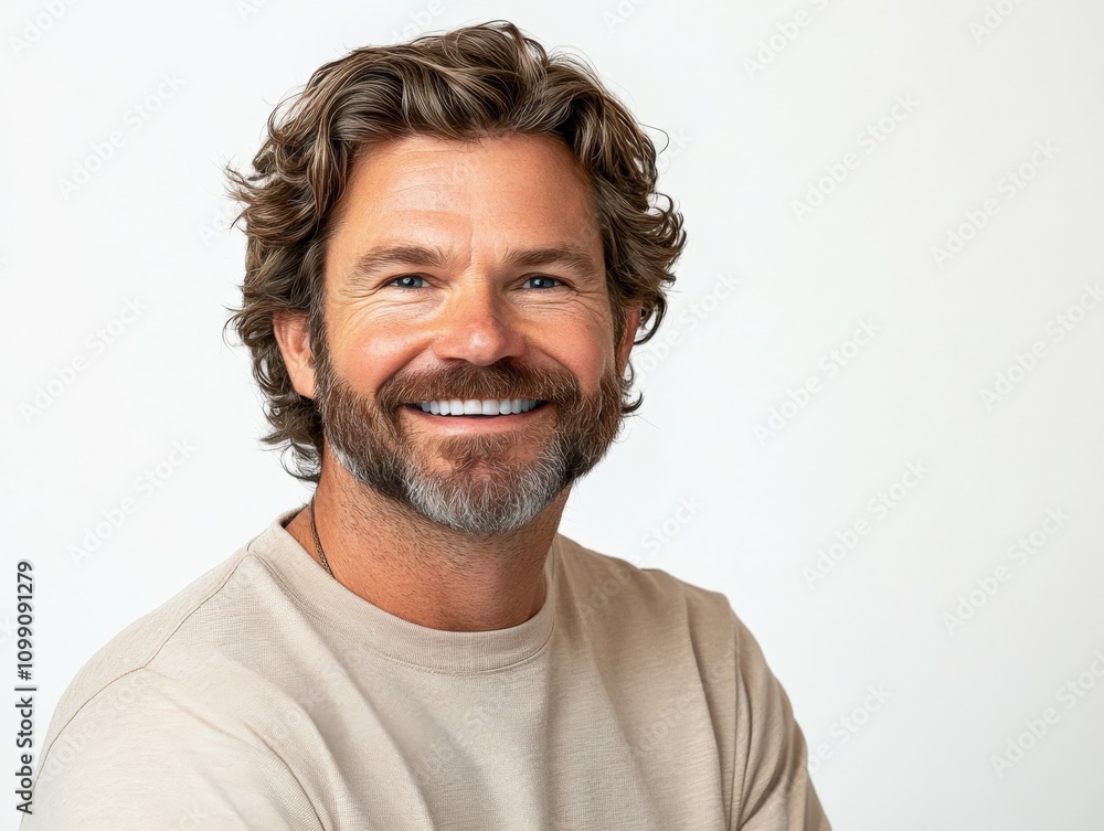 Obraz premium smiling man with curly hair in casual attire