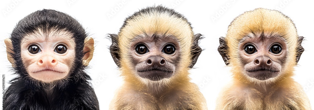 Fototapeta premium Three Baby Monkeys Sitting in a Row Making Cute Faces