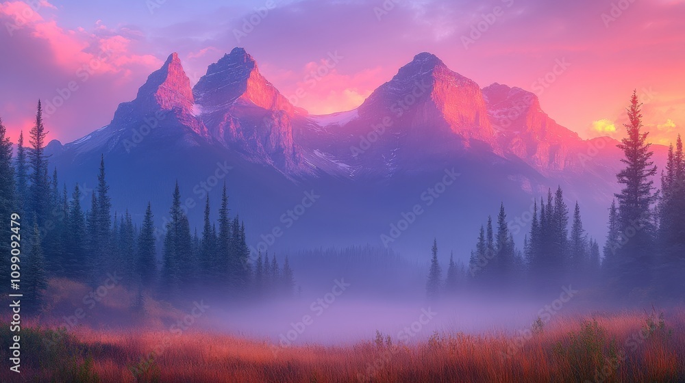 Obraz premium Serene mountain landscape at dawn with vibrant colors and misty foreground.