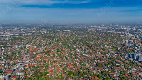 Panorama aerial drone view of western Sydney Suburbs of Canterbury Burwood Ashfield Marrickville Campsie with Houses roads and parks in Sydney New South Wales NSW Australia photo