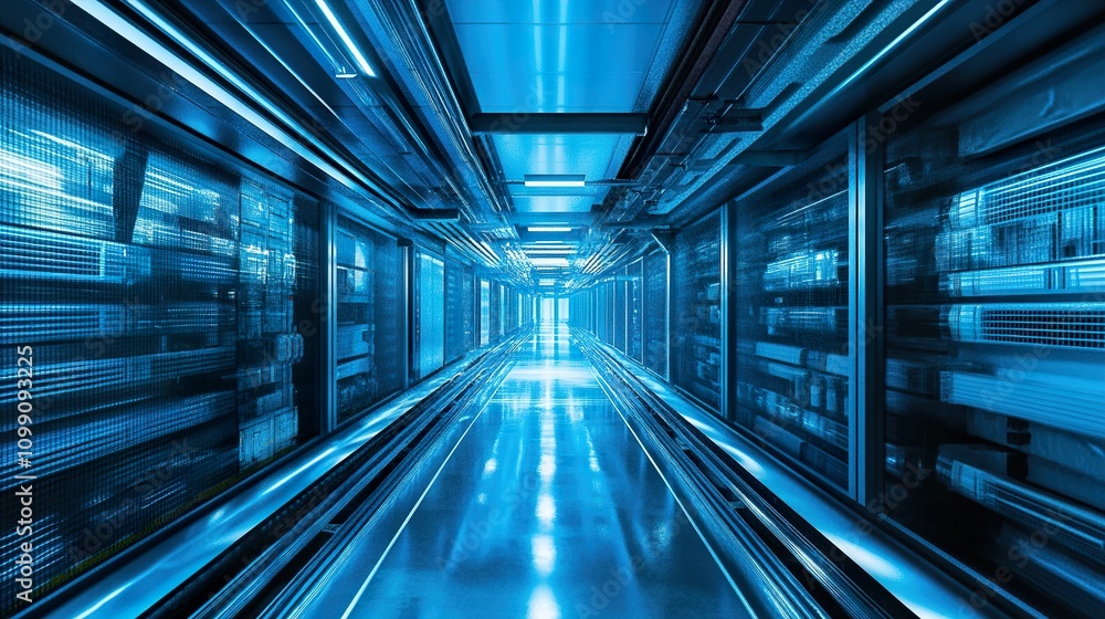 Fototapeta premium Futuristic Data Center Corridor: Exploring the Realm of Digital Technology
