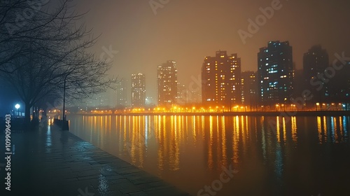 Wallpaper Mural Foggy night cityscape reflected in calm water. Torontodigital.ca