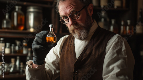 Chemist examines potion in vintage laboratory filled with glassware photo