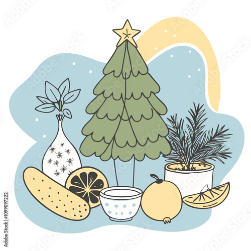 Christmas Tree and Citrus: A whimsical illustration featuring a charming Christmas tree adorned with a star, surrounded by a delightful array of citrus fruits and greenery.