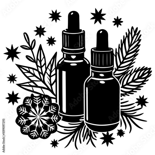 Winter Essential Oils:  Two bottles of essential oil nestled amongst winter botanicals, snowflakes, and stars. A black and white illustration perfect for aromatherapy, skincare, or holiday promotions.