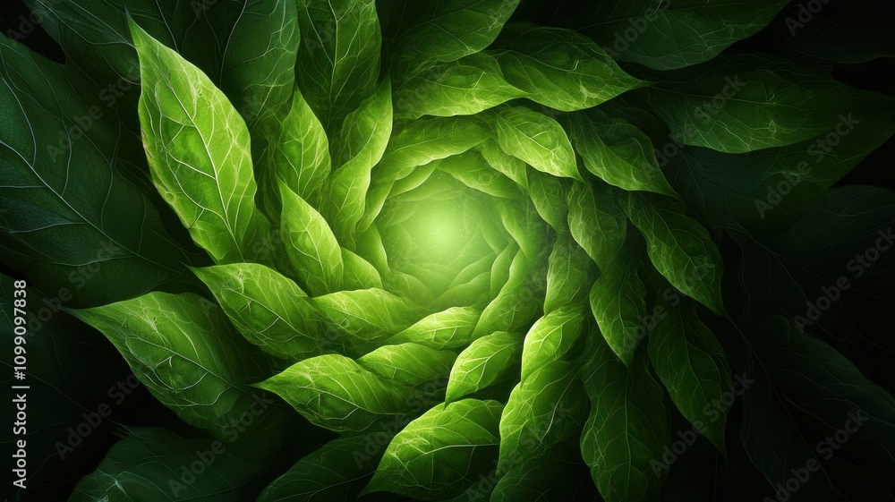 Fototapeta premium Nano biology applications style. Vibrant green leaves spiraling towards a glowing center.