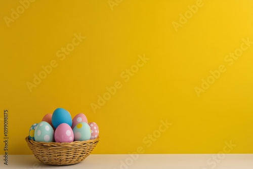 colorful easter eggs in a basket on a bright yellow background
