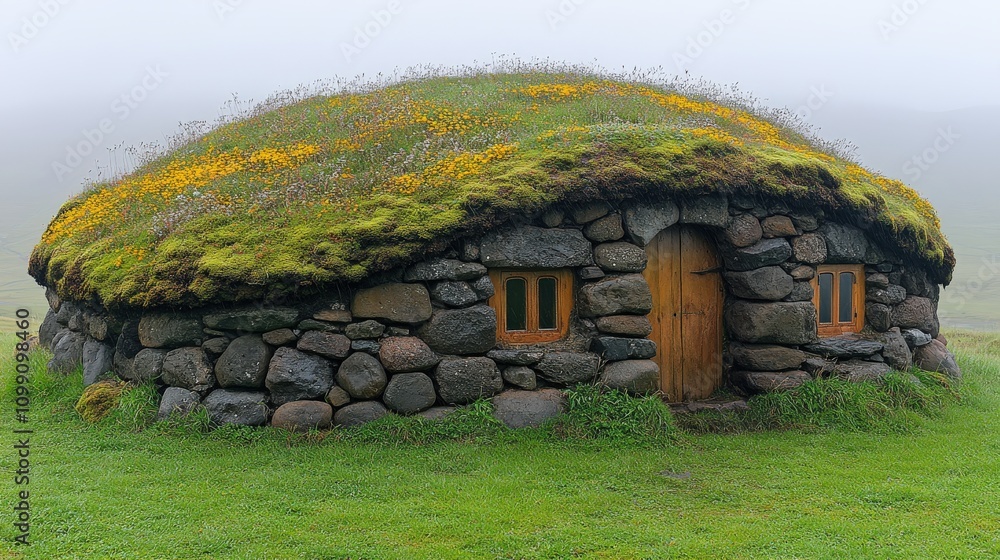 Obraz premium A traditional stone house with a grassy roof, set in a misty landscape.