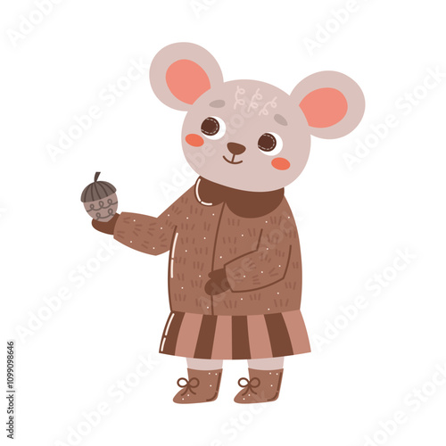 Winter forest animal character or mascot. Mouse in warm clothes, coat, mittens, boots and skirt. Vector composition on transparent background for cards, scrapbooking, animation.