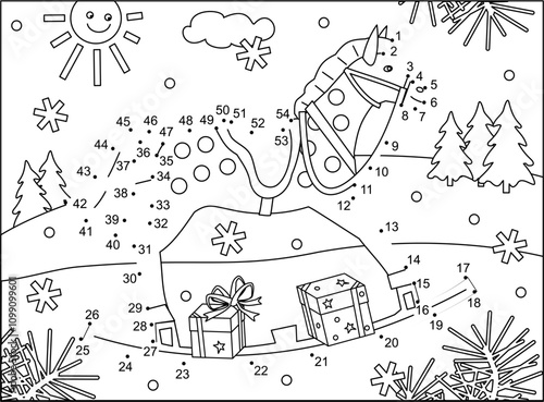 Dot-to-dot rocking horse in winter holidays activity picture puzzle and coloring page
