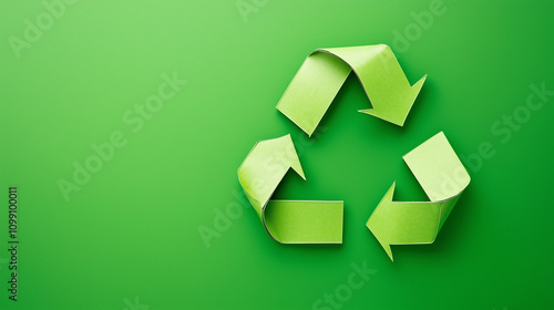 Green Sustainability: A vibrant green recycle symbol, crafted from paper, stands out against a minimalist backdrop. Its arrows gracefully intertwine. photo