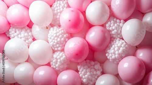 A colorful arrangement of pink and white balloons, creating a festive atmosphere. photo