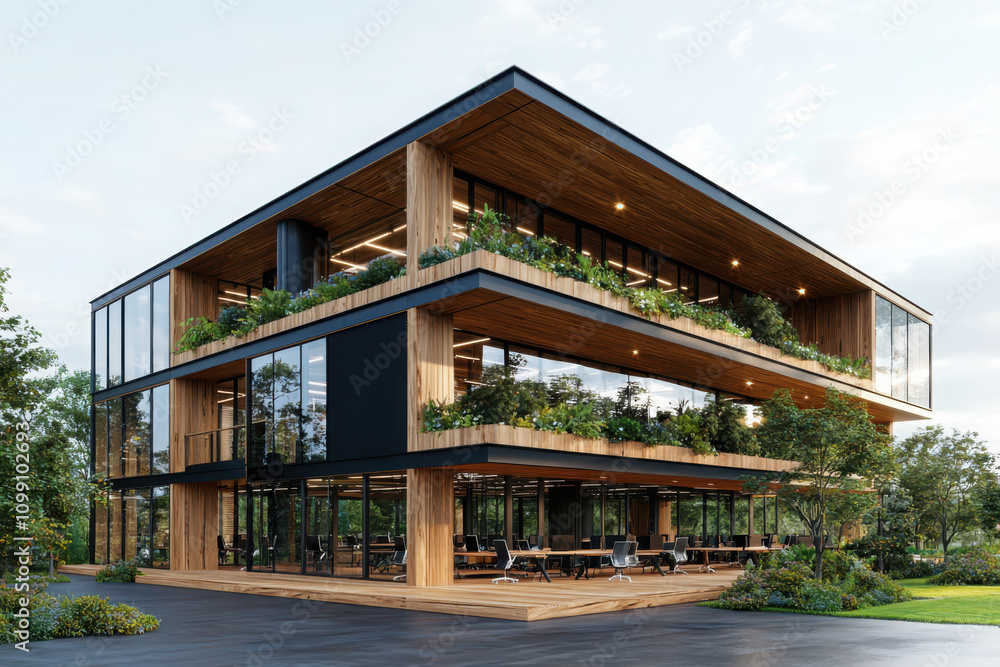 Obraz premium Enhancing collaboration in corporate workspaces a modern office with natural wood finishes and black artwork contemporary design aesthetic environment professional viewpoint