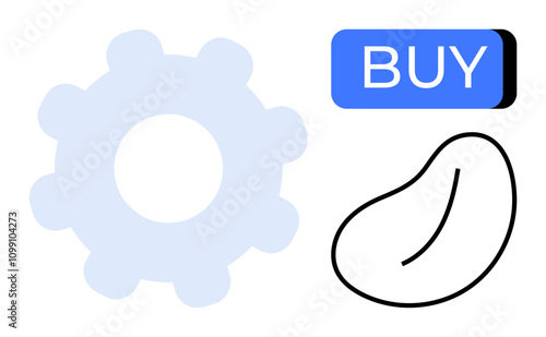 Gear cog, blue buy button, and abstract bean shape. Ideal for e-commerce, technology customization, purchase decisions, app interfaces, digital transactions, user interactions, online shopping. Line