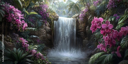 A cascading waterfall deep in a tropical rainforest, surrounded by vibrant orchids in shades of pink, purple, and white. The air is thick with mist and the hum of wildlife photo