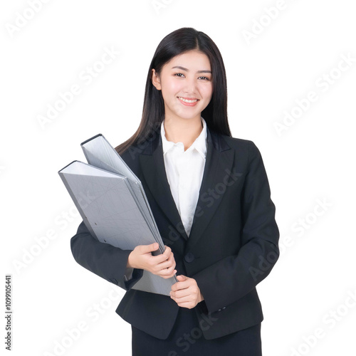 Portrait beautiful working Asian woman , business girl holding Business document file isolated on a transparent png background