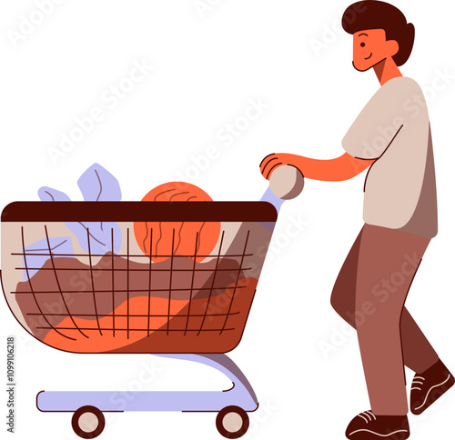 Young Man Pushing a Shopping Cart Filled with Groceries