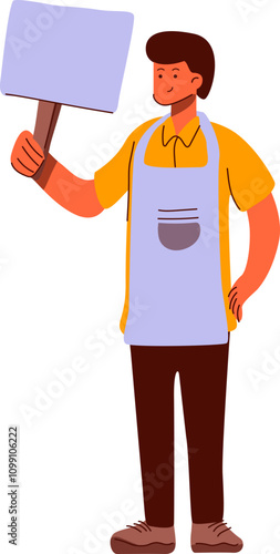 Young Man in Apron Holding Blank Sign, Ready for Your Message