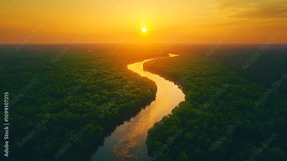 Fototapeta premium A golden hour aerial view of a winding river cutting through dense green forests