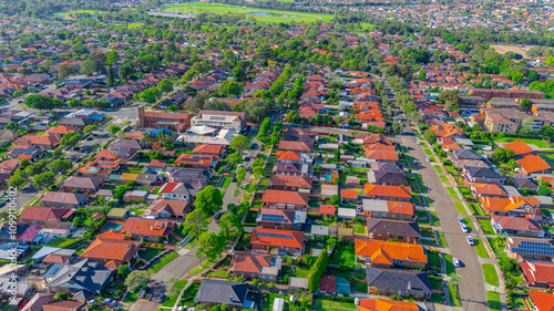 Panorama aerial drone view of western Sydney Suburbs of Canterbury Burwood Ashfield Marrickville Campsie with Houses roads and parks in Sydney New South Wales NSW Australia photo