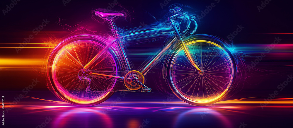 Fototapeta premium A neon-lit bicycle against a black background
