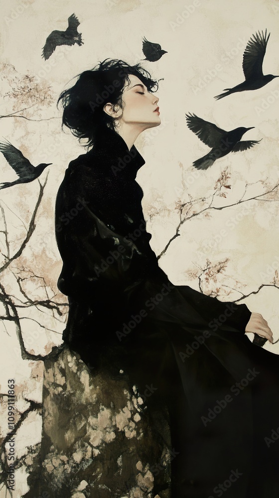 Fototapeta premium Serene Woman in Black Dress with Birds and Blossoming Branches