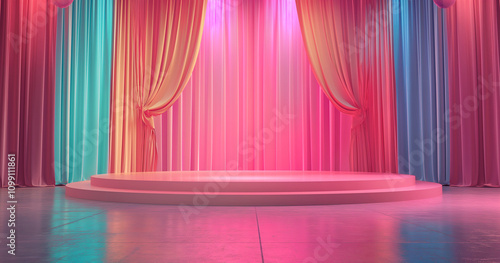 Pink Stage, Pastel Curtains, Product Display, Presentation Podium, Empty Platform, Show Background photo