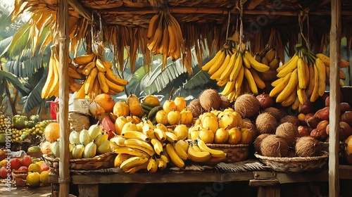 A market stall overflowing with fresh bananas, coconuts, and tropical fruits under a straw canopy.  photo