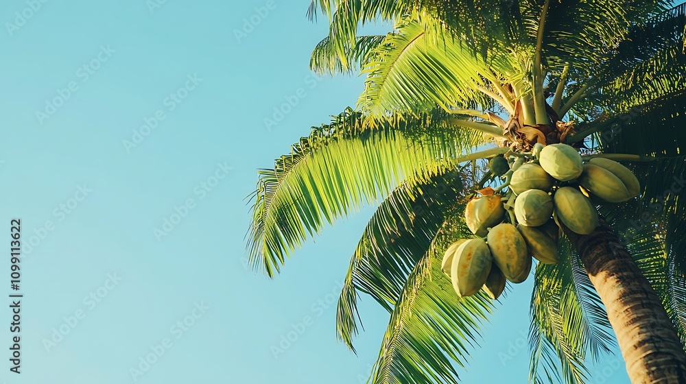 Fototapeta premium A papaya tree with ripe fruits hanging against a clear blue sky in a tropical setting. 