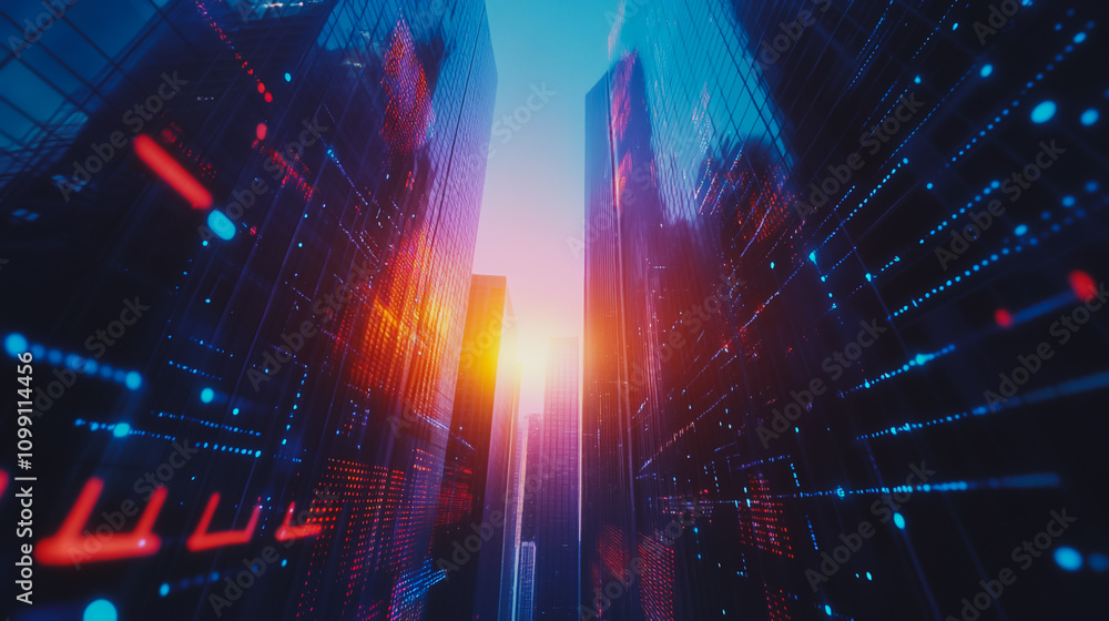 Obraz premium Smart digital Innovation city with connection network reciprocity over the sunset cityscape. of future wireless digital city and social media networking systems that connects people with in city