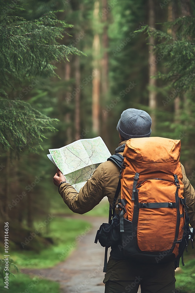 Fototapeta premium A backpacker standing at a crossroads in a forest, looking at a map for direction, with tall trees framing the scene and space for text on the side