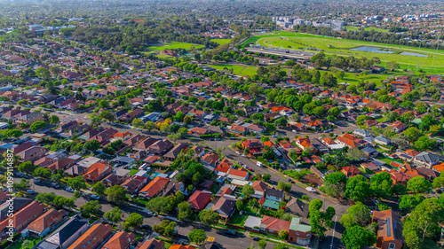 Panorama aerial drone view of western Sydney Suburbs of Canterbury Burwood Ashfield Marrickville Campsie with Houses roads and parks in Sydney New South Wales NSW Australia photo