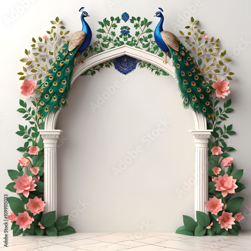 3D Mughal Arch Wedding Invitation Frame with Peacock, Flowers & Leaves photo