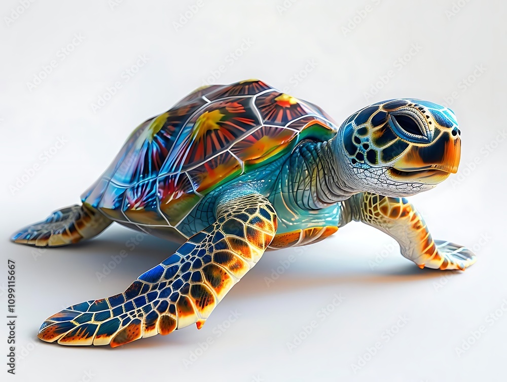 Obraz premium A colorful, artistic depiction of a turtle with vibrant patterns and textures.