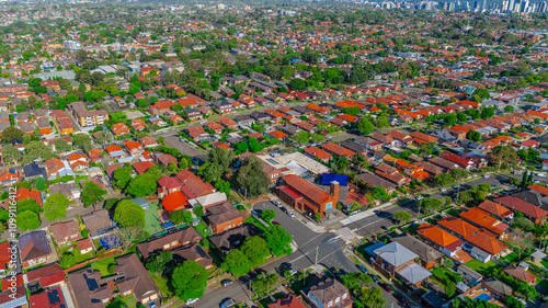 Panorama aerial drone view of western Sydney Suburbs of Canterbury Burwood Ashfield Marrickville Campsie with Houses roads and parks in Sydney New South Wales NSW Australia photo