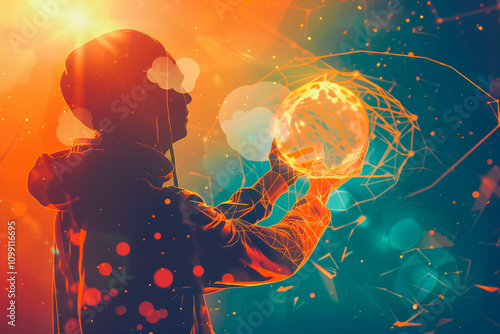 Player holding basketball in sunlight, illustration