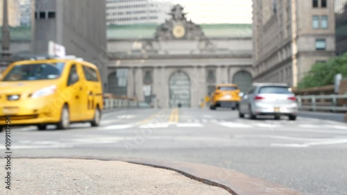 New York City Grand Central Terminal railway station building architecture, 42 street. Manhattan Midtown. Yellow taxi cab, car transport, Pershing Square bridge, NYC, USA. American urban road traffic.