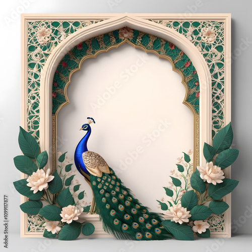 3D Traditional Mughal Arch Wedding Invitation Frame with Peacock, Leaves & Flowers Design photo