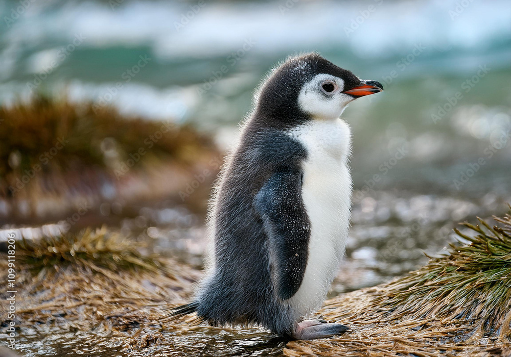 Obraz premium Cute little baby penguin in natural habitat