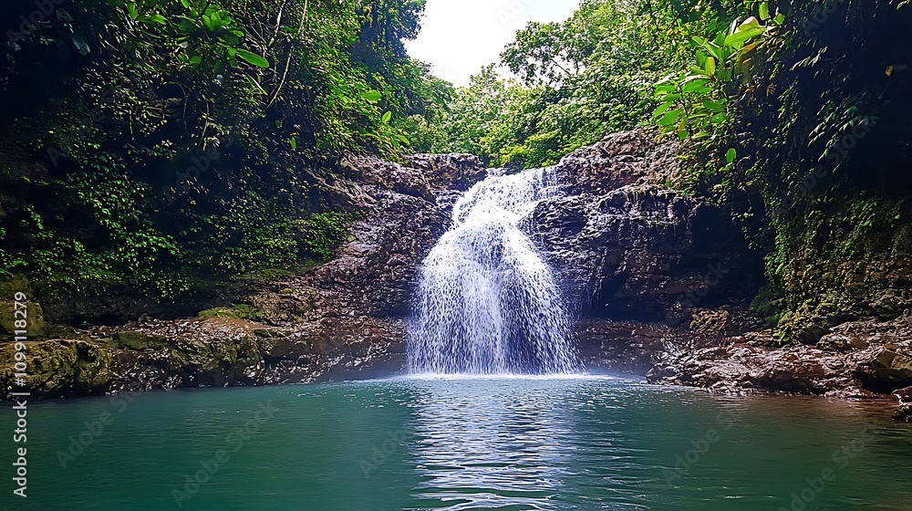 Obraz premium A dense jungle canopy with a hidden waterfall cascading into a pool below