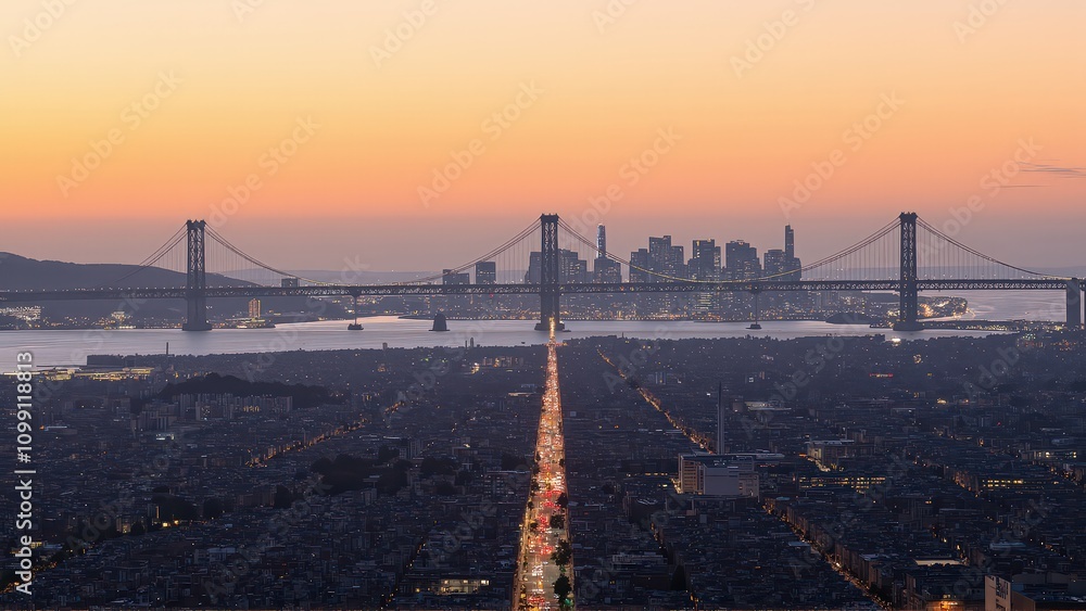Obraz premium Generative AI, Sprawling Urban Skyline with a Suspension Bridge at Sunset
