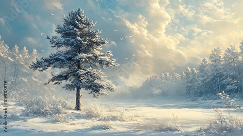 A serene snowy landscape with a lone pine tree under a soft morning light