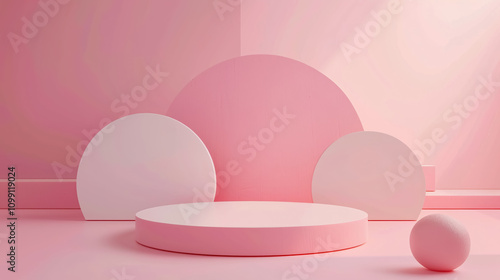 Minimalist background mock-up with a podium for product display; abstract white geometric shapes on a pink Valentine�s Day background; 3D rendering. photo