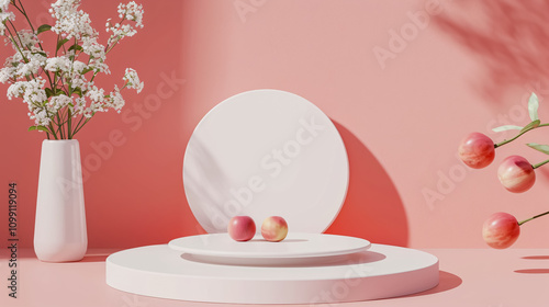 Minimalist background mock-up with a podium for product display; abstract white geometric shapes on a pink Valentine�s Day background; 3D rendering. photo